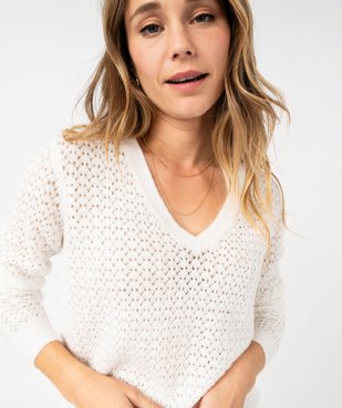 Pull col V en maille ajourée femme vue2 - GEMO 4G FEMME - GEMO