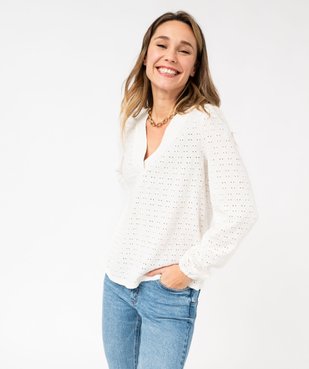 Tee-shirt à manches longues et col V en maille ajourée femme vue1 - GEMO 4G FEMME - GEMO