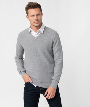 Pull homme à col V en maille fantaisie vue2 - GEMO (HOMME) - GEMO