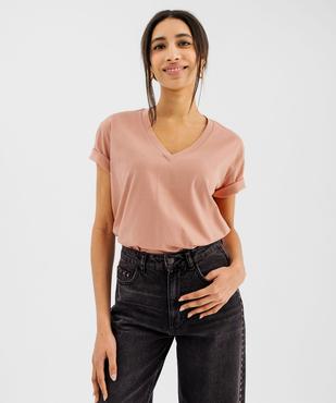 Tee-shirt manches courtes col V uni en coton femme vue4 - GEMO 4G FEMME - GEMO