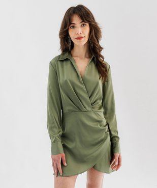 Robe à manches longues en satin avec haut cache-coeur femme vue2 - GEMO(FEMME PAP) - GEMO