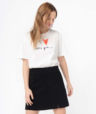 Tee-shirt femme à manches courtes avec message et coeur vue1 - GEMO(FEMME PAP) - GEMO