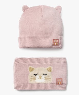 Ensemble 2 pièces écharpe et bonnet motif chat bébé fille vue1 - GEMO 4G BEBE - GEMO