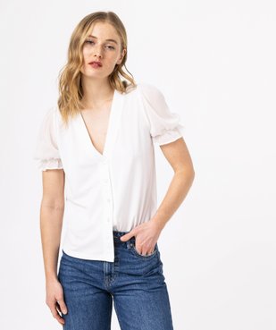 Tee-shirt boutonné avec manches courtes en voile femme vue2 - GEMO(FEMME PAP) - GEMO