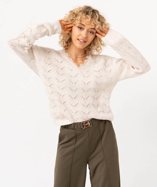 Pull ajouré avec col V en dentelle femme vue1 - GEMO 4G FEMME - GEMO