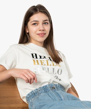 Tee-shirt fille court avec message scintillant vue1 - GEMO (JUNIOR) - GEMO