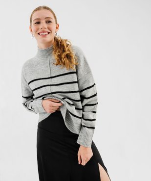 Pull col montant rayé avec couture sur l’avant femme vue1 - GEMO(FEMME PAP) - GEMO