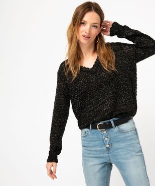 Pull pailleté col V en maille ajourée femme vue1 - GEMO(FEMME PAP) - GEMO