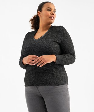 Tee-shirt manches longues et col V en maille chinée femme grande taille vue1 - GEMO (G TAILLE) - GEMO