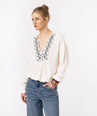 Blouse à manches longues avec col V brodé femme vue2 - GEMO(FEMME PAP) - GEMO