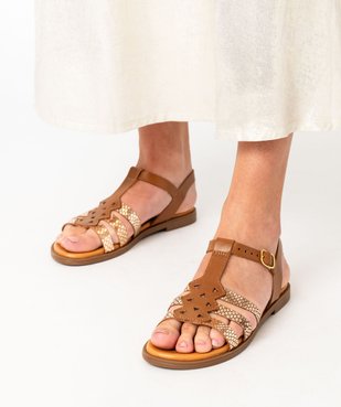 Sandales femme dessus en cuir avec brides fantaisie et bride cheville à boucle vue1 - GEMO (CASUAL) - GEMO