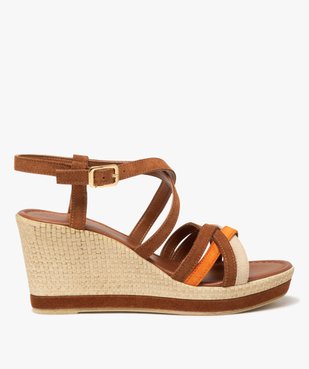 Sandales femme à talon compensé avec brides multicolores en cuir suédé vue1 - GEMO(URBAIN) - GEMO