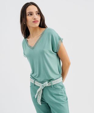 Tee-shirt à manches courtes et col V en dentelle coupe loose femme vue1 - GEMO 4G FEMME - GEMO