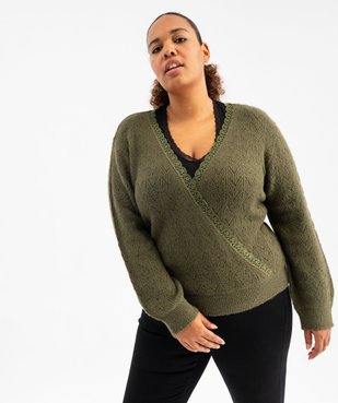 Pull en maille ajourée et encolure cache-cœur à dentelle femme grande taille vue1 - GEMO (G TAILLE) - GEMO