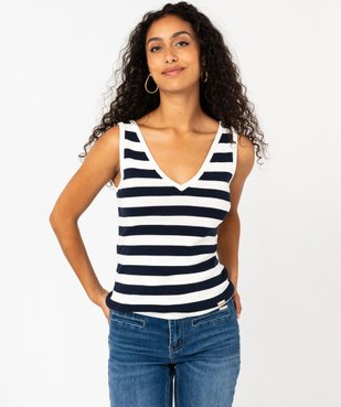 Pull sans manches à col V en fine maille rayée femme - LuluCastagnette vue1 - LULUCASTAGNETTE - GEMO