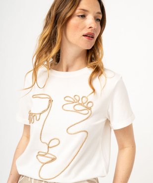 Tee-shirt manches courtes avec motif visage brodé femme vue2 - GEMO(FEMME PAP) - GEMO