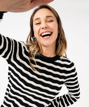 Pull rayé en maille ajourée femme vue1 - GEMO 4G FEMME - GEMO