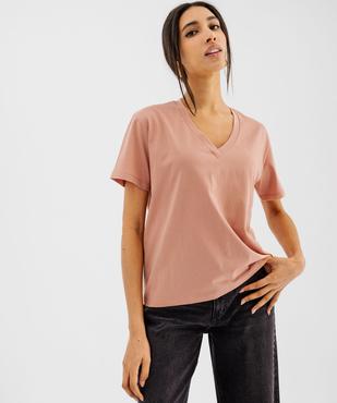 Tee-shirt manches courtes col V uni en coton femme vue2 - GEMO 4G FEMME - GEMO