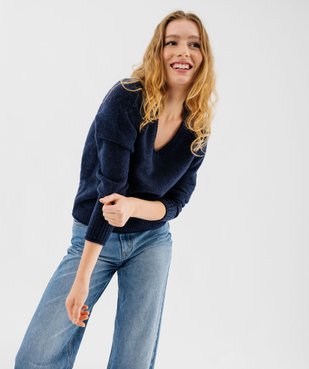 Pull col V avec finitions roulottées femme vue1 - GEMO(FEMME PAP) - GEMO