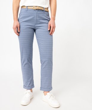 Pantalon chino imprimé en maille extensible avec ceinture femme vue1 - GEMO 4G FEMME - GEMO