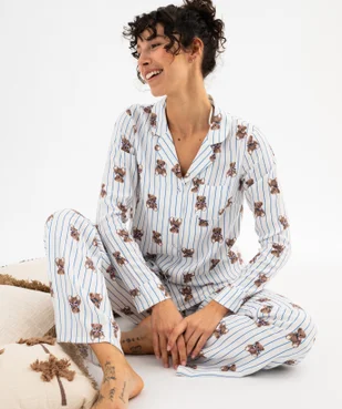 Pyjama à rayures et motifs oursons femme - LuluCastagnette vue1 - LULUCASTAGNETTE - GEMO