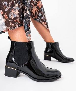 Bottines femme vernies style Chelsea à zip et bout amande avec liseré doré vue1 - GEMO (CASUAL) - GEMO