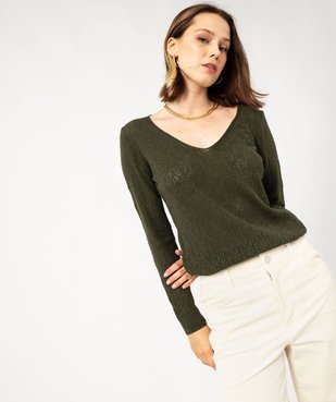 Pull col V en maille ajourée femme vue2 - GEMO 4G FEMME - GEMO