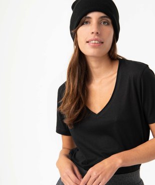 Tee-shirt à manches courtes avec col V roulotté femme vue1 - GEMO(FEMME PAP) - GEMO