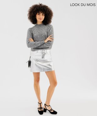 Ensemble pull en laine à strass et jupe courte scintillante argent pour femme - GEMO