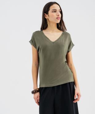 Tee-shirt à manches courtes et col V en dentelle coupe loose femme vue2 - GEMO 4G FEMME - GEMO