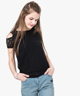 Tee-shirt en dentelle à manches courtes avec épaules dénudées vue1 - GEMO (JUNIOR) - GEMO