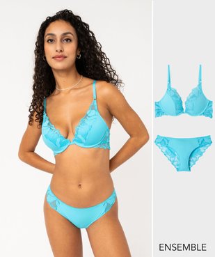 Ensemble soutien-gorge push-up et culotte dentelle bleu pour femme - GEMO