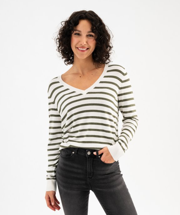 Pull rayé à col V avec boutons aux poignets femme vue1 - GEMO 4G FEMME - GEMO