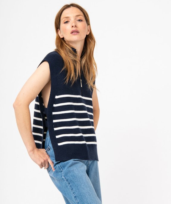 Pull sans manches rayé avec col zippé femme vue1 - GEMO 4G FEMME - GEMO