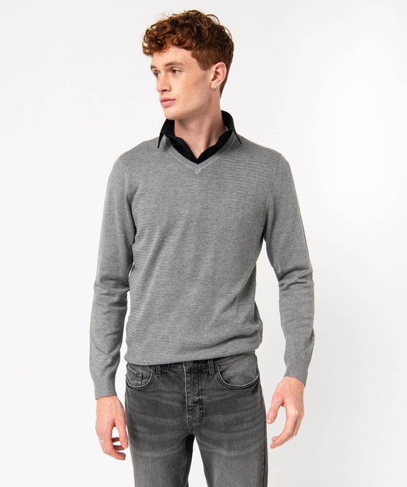 Pull fin avec col V et maille fantaisie homme vue1 - GEMO 4G HOMME - GEMO