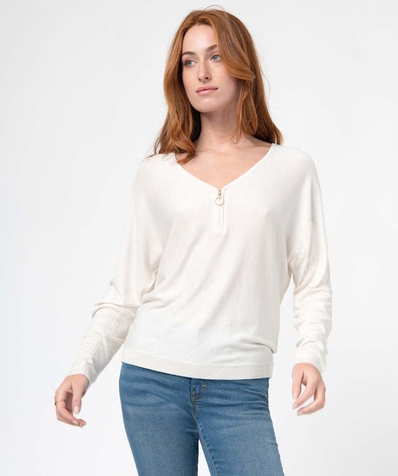 Pull col V zippé et manches chauve-souris femme vue1 - GEMO 4G FEMME - GEMO