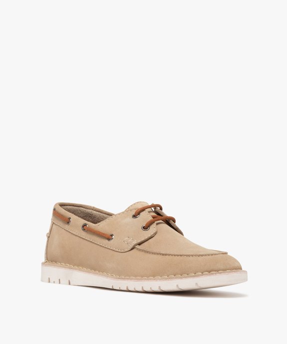 Chaussures bateau homme dessus en cuir suédé uni et à lacets contrastants - Taneo vue2 - TANEO - GEMO