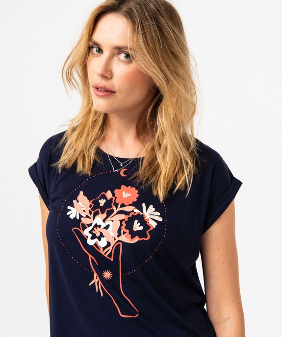 Tee-shirt à manches courtes avec motif fleuri femme vue2 - GEMO 4G FEMME - GEMO