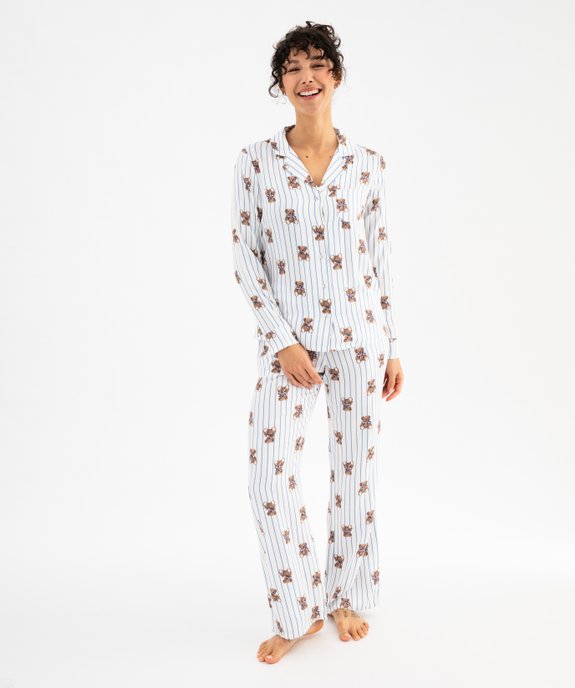 Pyjama à rayures et motifs oursons femme - LuluCastagnette vue2 - LULUCASTAGNETTE - GEMO