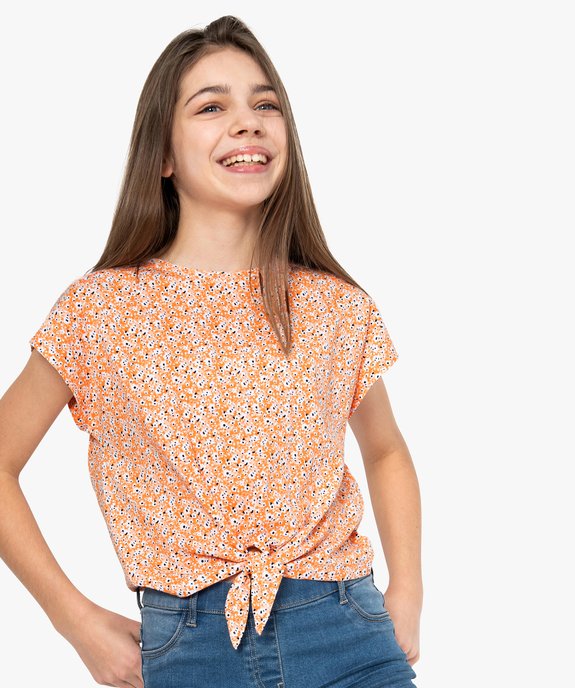 Tee-shirt fille imprimé avec nœud dans le bas vue1 - GEMO (JUNIOR) - GEMO