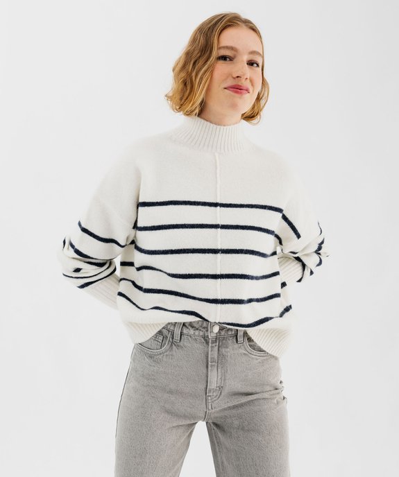 Pull col montant rayé avec couture sur l’avant femme vue1 - GEMO(FEMME PAP) - GEMO