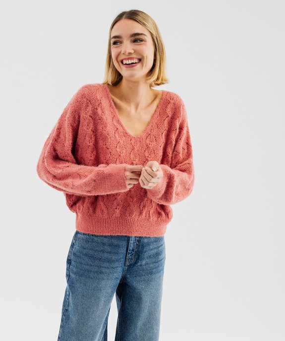 Pull loose col V en maille ajourée femme vue1 - GEMO(FEMME PAP) - GEMO