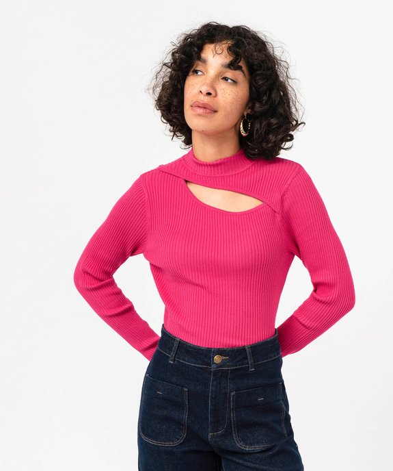 Pull côtelé à col montant avec ouverture buste femme vue1 - GEMO 4G FEMME - GEMO