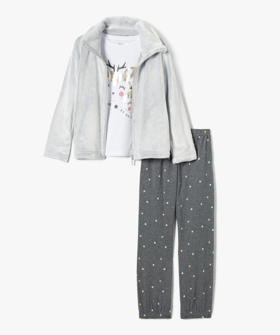 Ensemble nuit fille avec veste peluche, tee-shirt et pantalon imprimé vue1 - GEMO (ENFANT) - GEMO