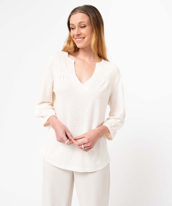 Tee-shirt femme à manches 3/4 avec smocks sur le buste vue1 - GEMO 4G FEMME - GEMO