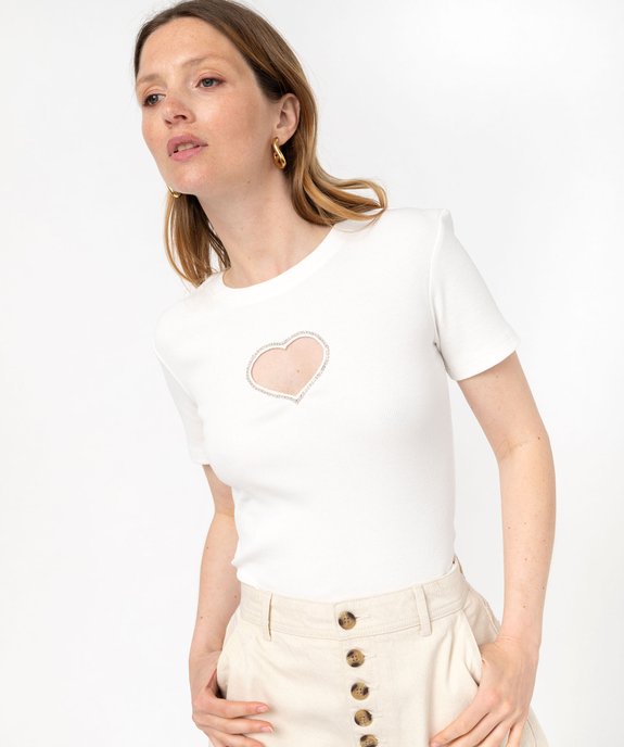 Tee-shirt manches courtes en maille côtelée et ajourée femme vue1 - GEMO(FEMME PAP) - GEMO