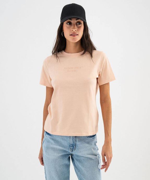 Tee-shirt manches courtes et col rond avec message brodé femme vue4 - GEMO(FEMME PAP) - GEMO