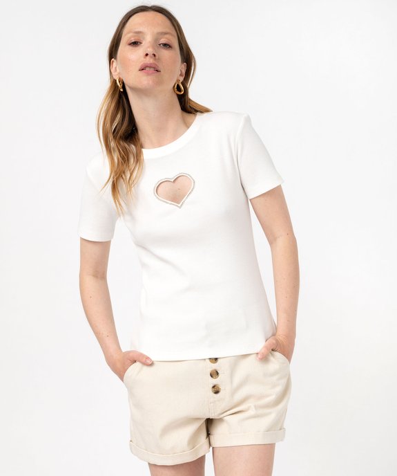 Tee-shirt manches courtes en maille côtelée et ajourée femme vue2 - GEMO(FEMME PAP) - GEMO