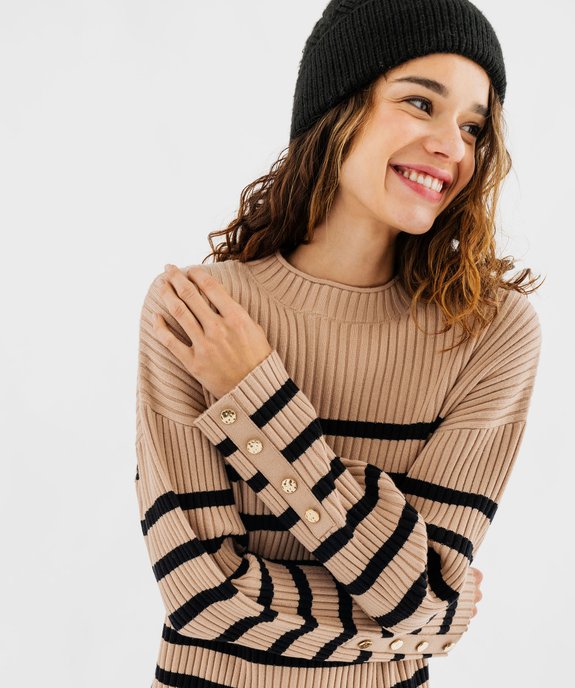 Pull rayé en maille côtelée à col rond femme vue1 - GEMO(FEMME PAP) - GEMO