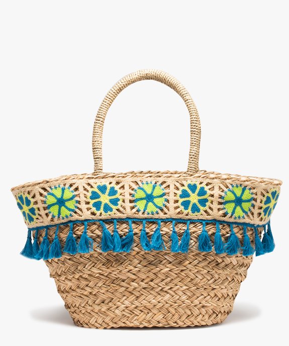 Sac de plage femme en paille avec broderies et pompons vue1 - GEMO (ACCESS) - GEMO